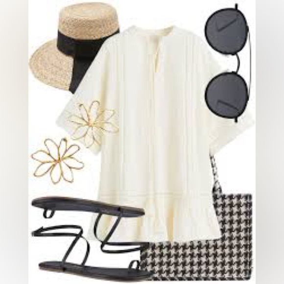 H&M Short Kaftan Dress Ivory Cotton Textured Dress Sz XS Loose Fit - Picture 3 of 10